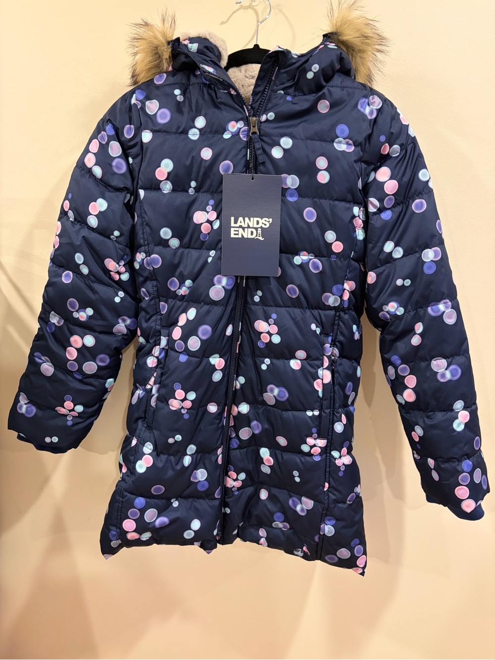 NWT Lands' End Kids' Navy Dot Puffer Coat with Faux Fur Hood Size L